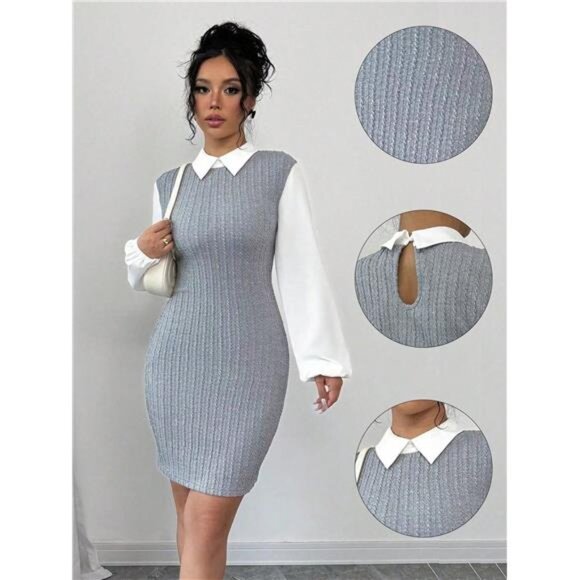 Knitted Textured Patchwork Color Block 2 In 1 Collar Long Sleeve Fitted Dress - Picture 1 of 7